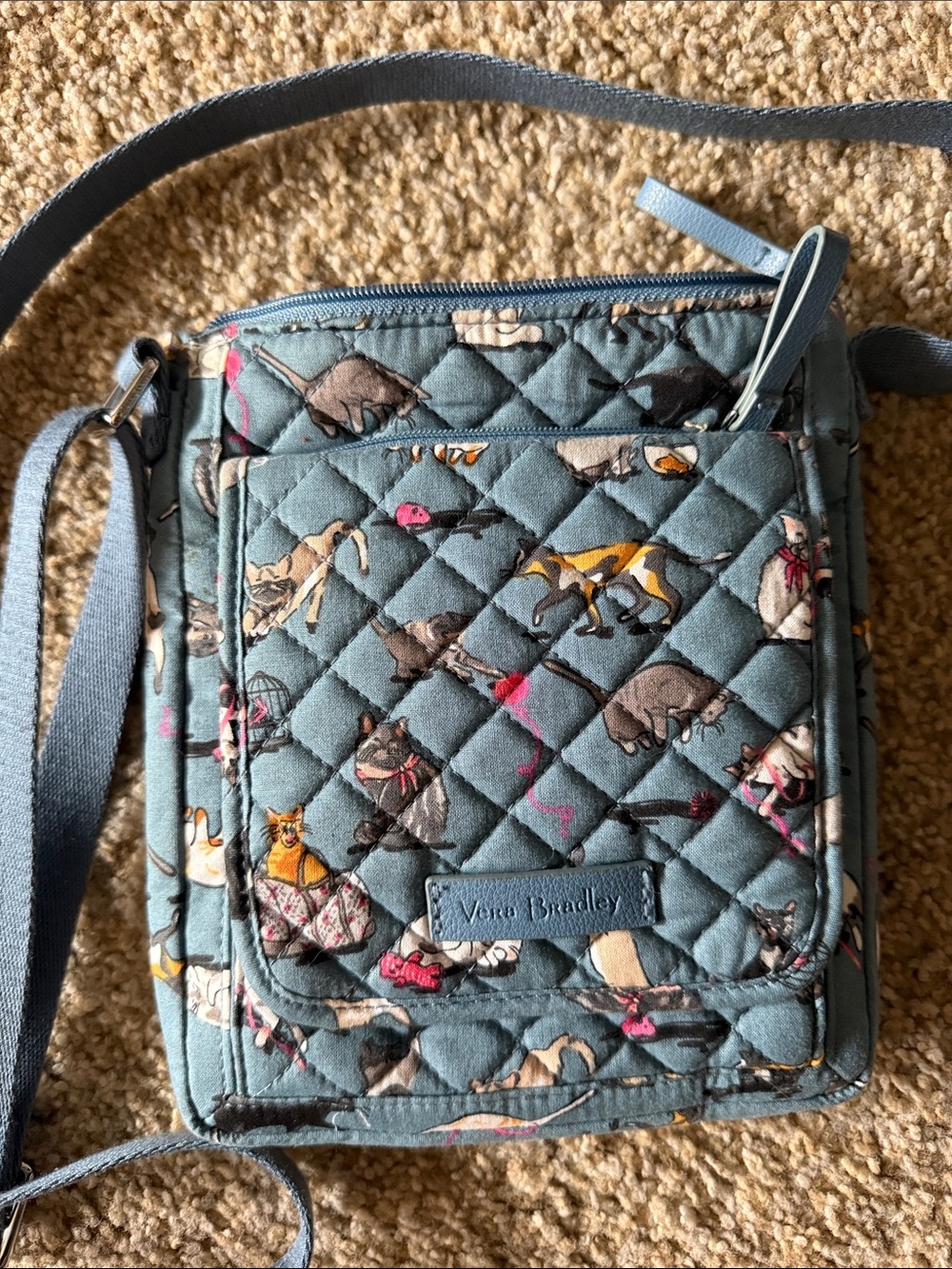 Vera Bradley Blue Quilted Crossbody Bag with cat Prints 🐈⬛ 🐈